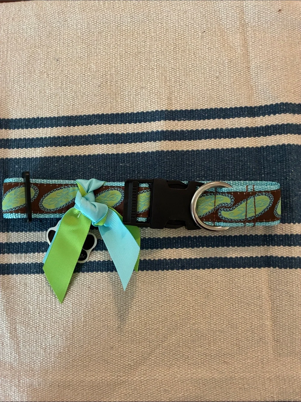 Mud Pie Turquoise and Brown Paisley Dog Collar with Green Bow Accent